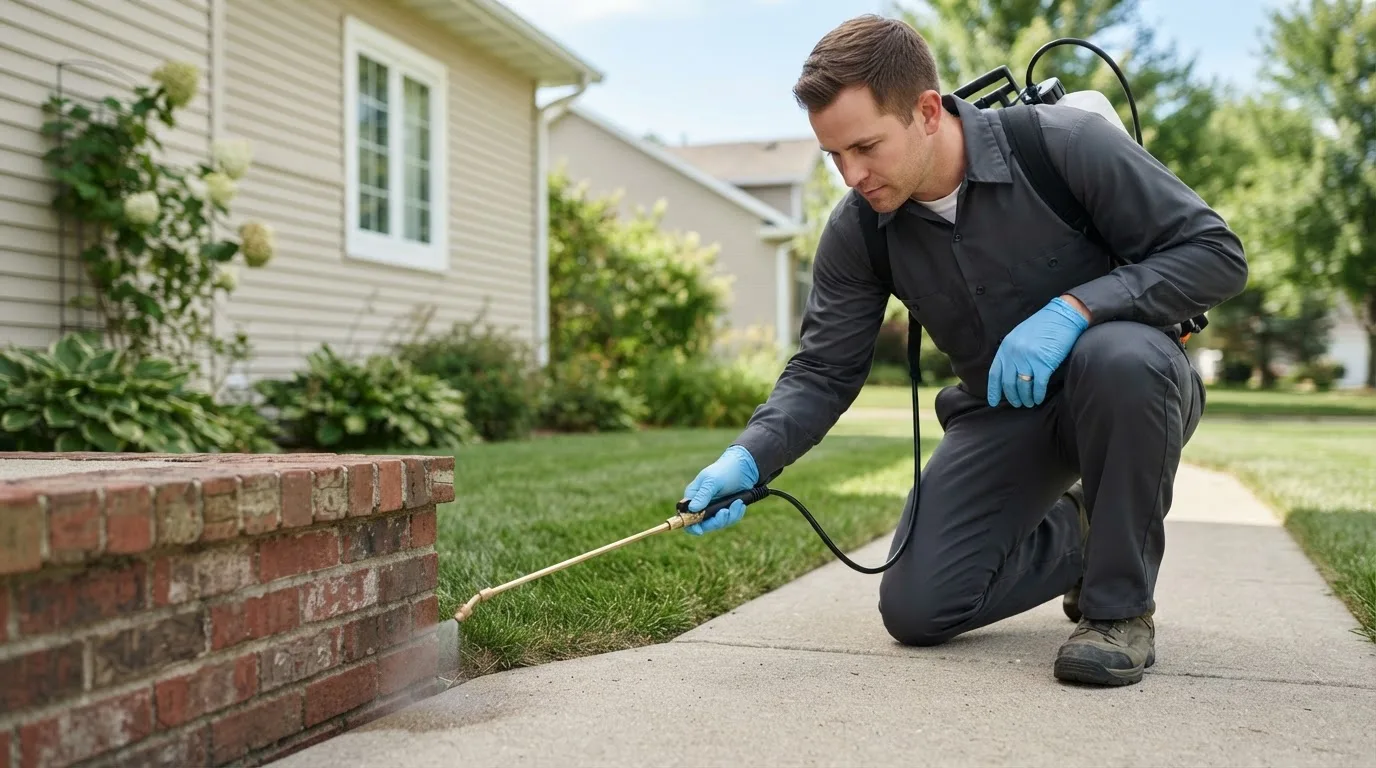 Pest control technician treating a home near Stockville, NE