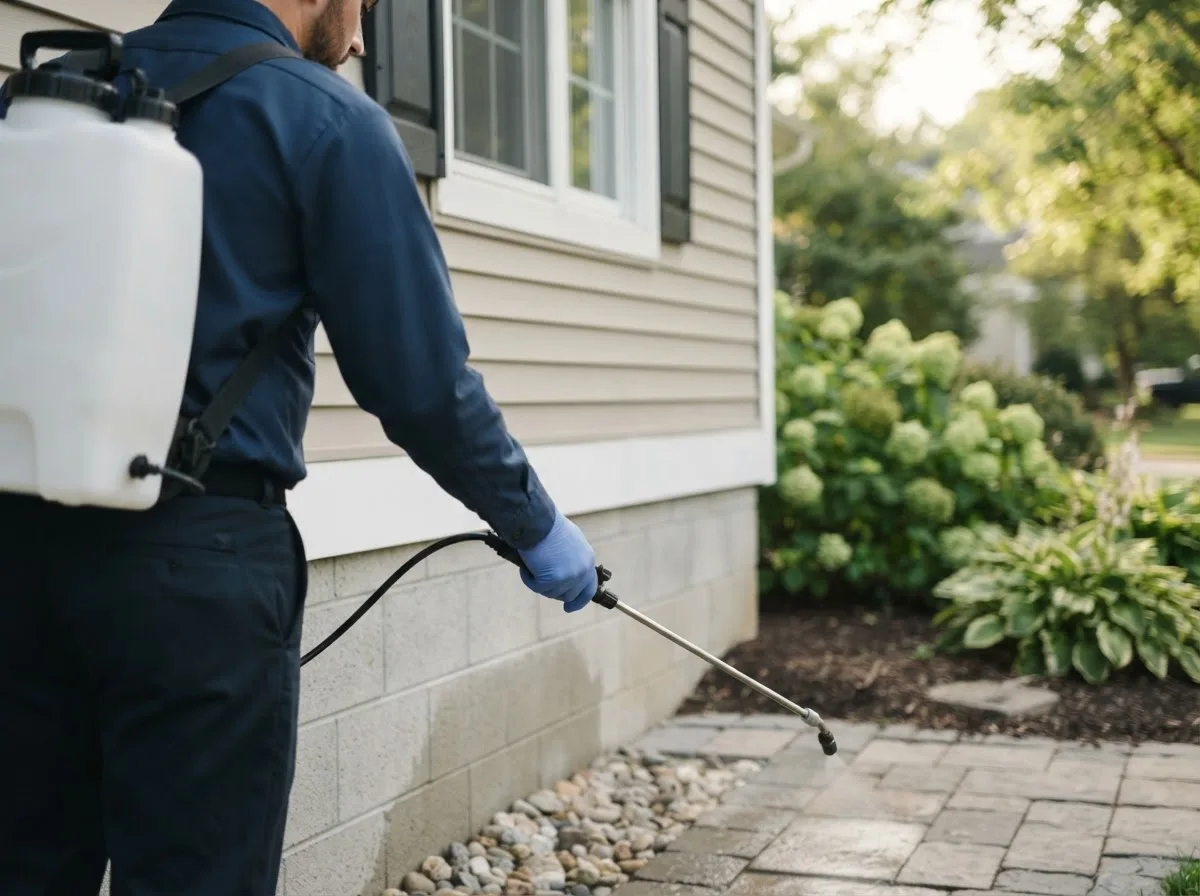 Pest control technician inspecting a home in Stockville, NE